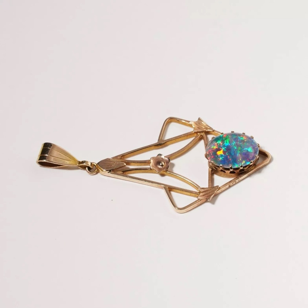 Antique Art Nouveau Australian Opal Triplet Lavaliere Pendant 9K Gold Art Deco - Picture 3 of 15
